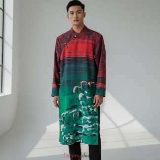 Áo dài nam vải in DakNong 1 xanh L